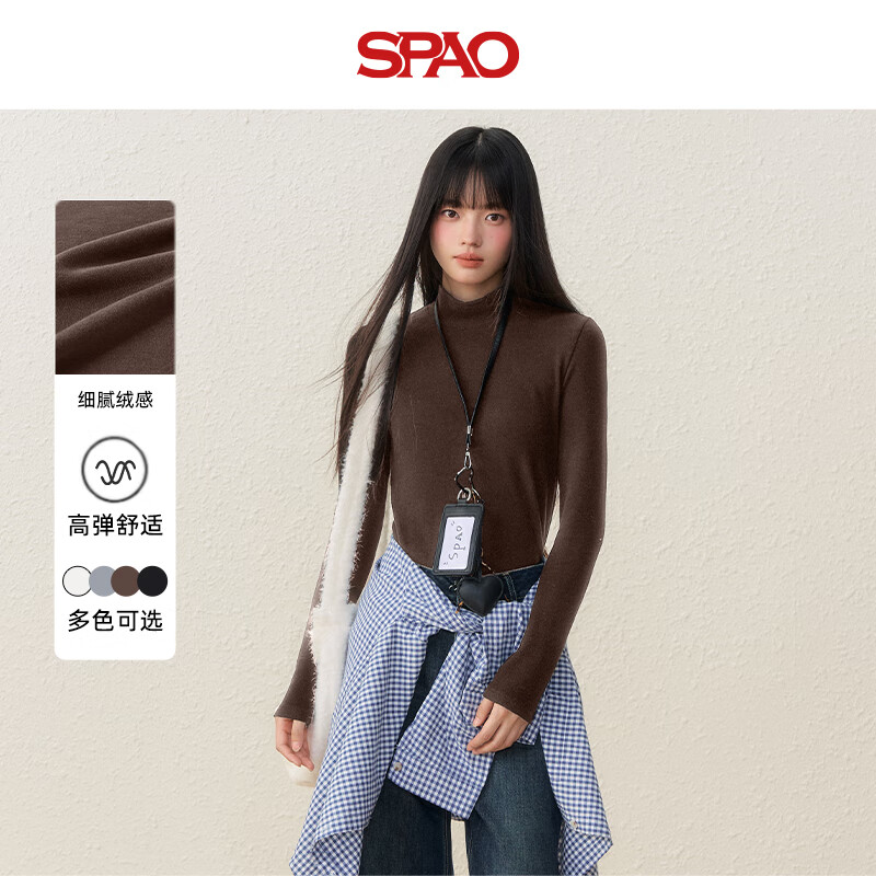 SPAO半高领薄绒长袖T恤男女2025冬季打底衫显瘦修身上衣SPCX25AD04XY 咖#纯色 S