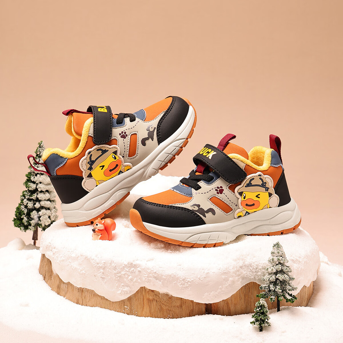 B.Duck小黄鸭童鞋儿童学步鞋男女童宝宝冬季二棉保暖运动鞋6840棕米黑30