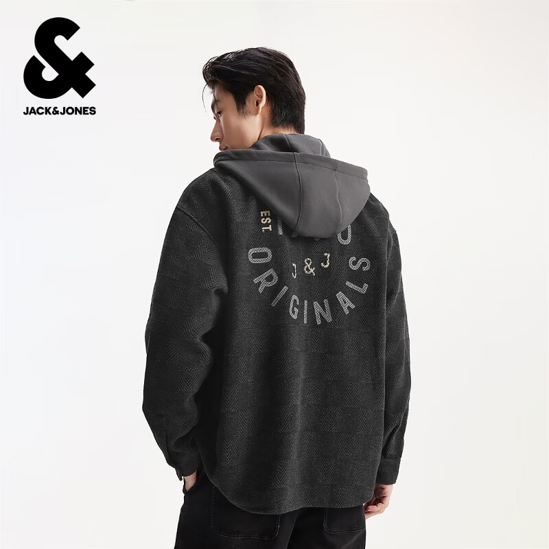 杰克·琼斯（JACK&amp;JONES）秋冬季男装大衣夹克外套潮时尚略宽松连帽可拆卸字母贴2254O3013 E40黑色 M