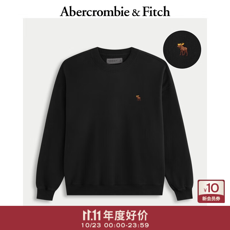 Abercrombie &amp; Fitch经典小麋鹿图案男装25秋冬新款抓绒宽松圆领套头卫衣122-5535 黑色 L (180/108A)