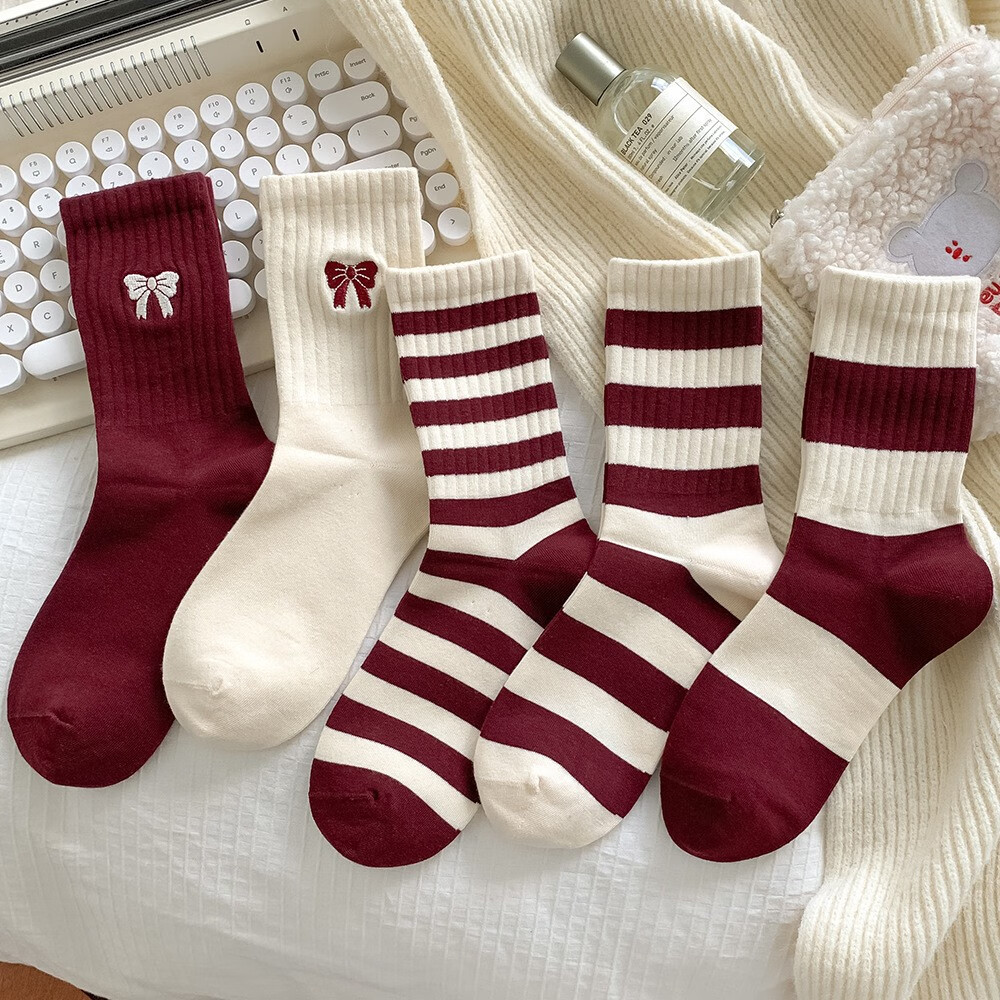雅鹿女士中筒袜简约红色条纹蝴蝶结耐磨休闲百搭潮流堆堆学生少女袜子 颜色混搭 5双 均码