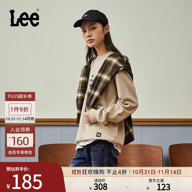 Lee24秋冬新品舒适版圆领印花Logo男女宽松卫衣LUT00904 米色（尺码偏大，拍小一码） L