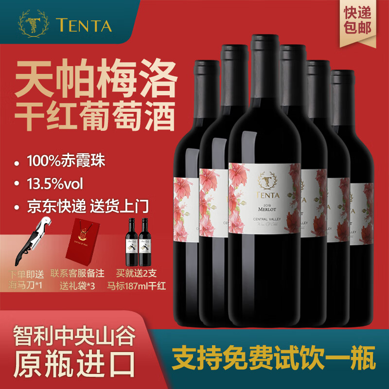 天帕智利中央山谷原瓶进口花标梅洛干红葡萄酒750ml整箱中秋送礼 6瓶装【赠海马刀】 京东折扣/优惠券