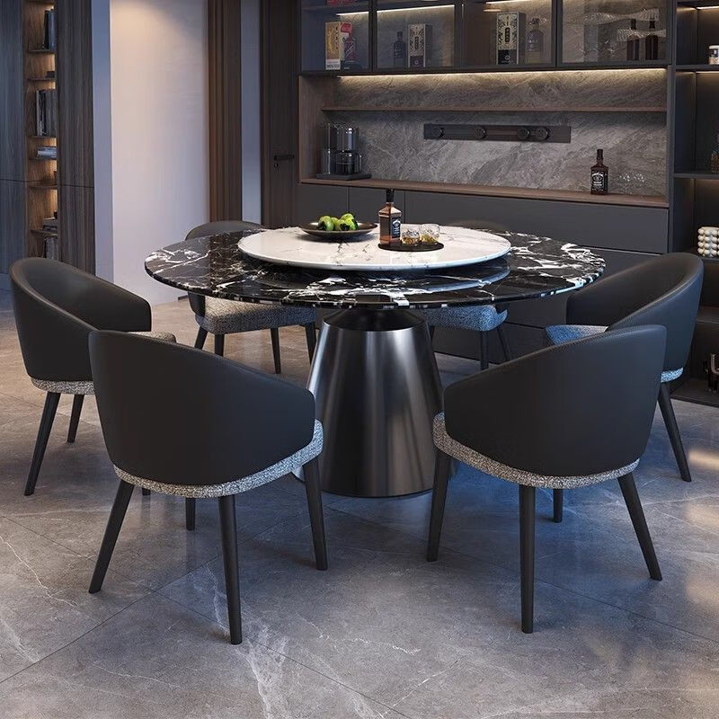 布欧格意式天然超晶石轻奢餐桌椅组合圆桌简约大理石餐桌家用饭桌带转盘 1.2米70CM转盘+4罗森椅