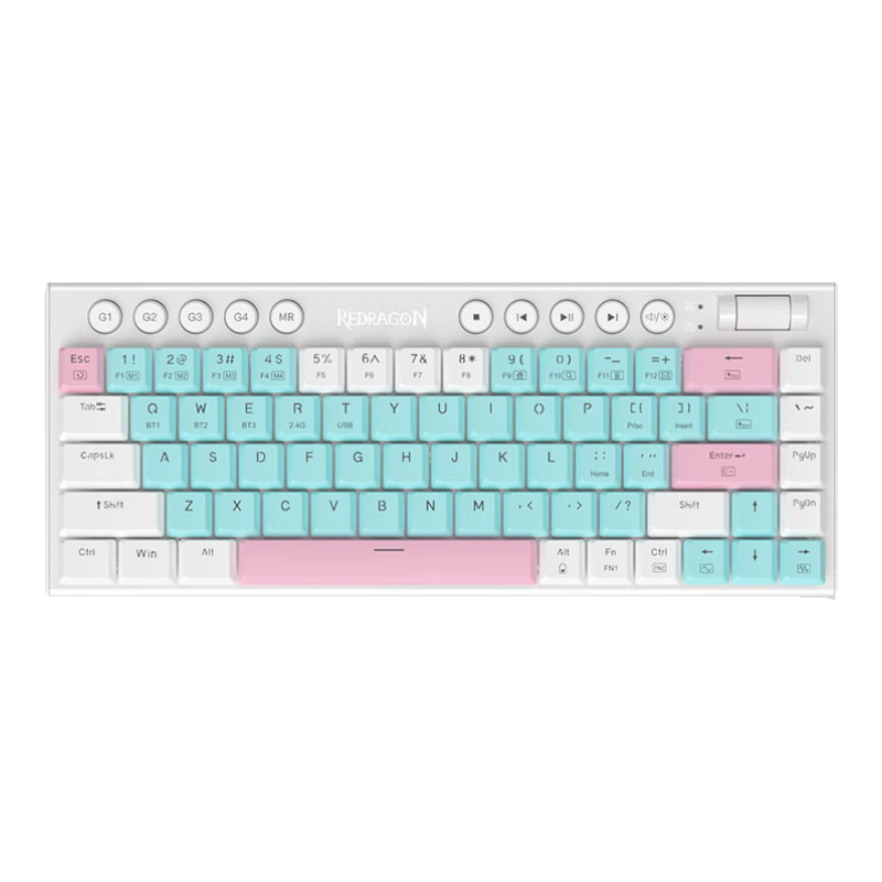 紅龍（REDRAGON）K609矮軸機械鍵盤 藍牙2.4g有線無線熱插拔多媒體滾輪支持宏 電競游戲辦公68鍵客制化鍵盤 K609PRO藍白粉-無線三模 青軸