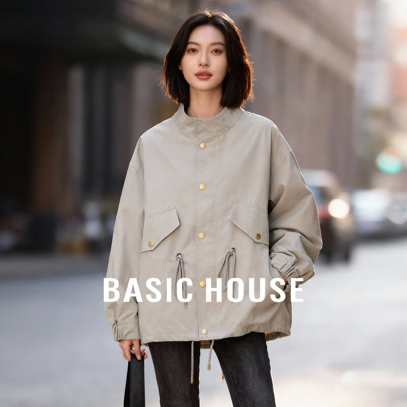 百家好（Basic House）Basic House/百家好简约工装风外套2025秋季双口袋抽绳设计感上衣 灰绿色 M