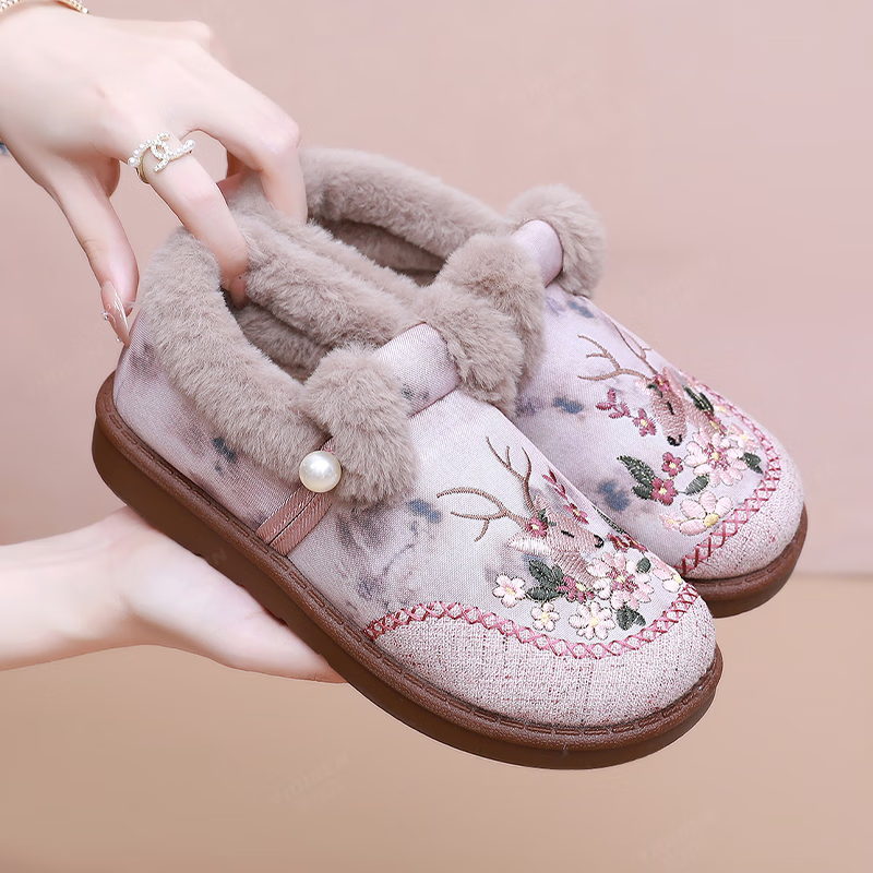 意迪森【一鹿生花】老北京布鞋加绒加厚保暖棉鞋女国风刺绣一脚蹬防滑底 灰色加绒 36 (230mm)