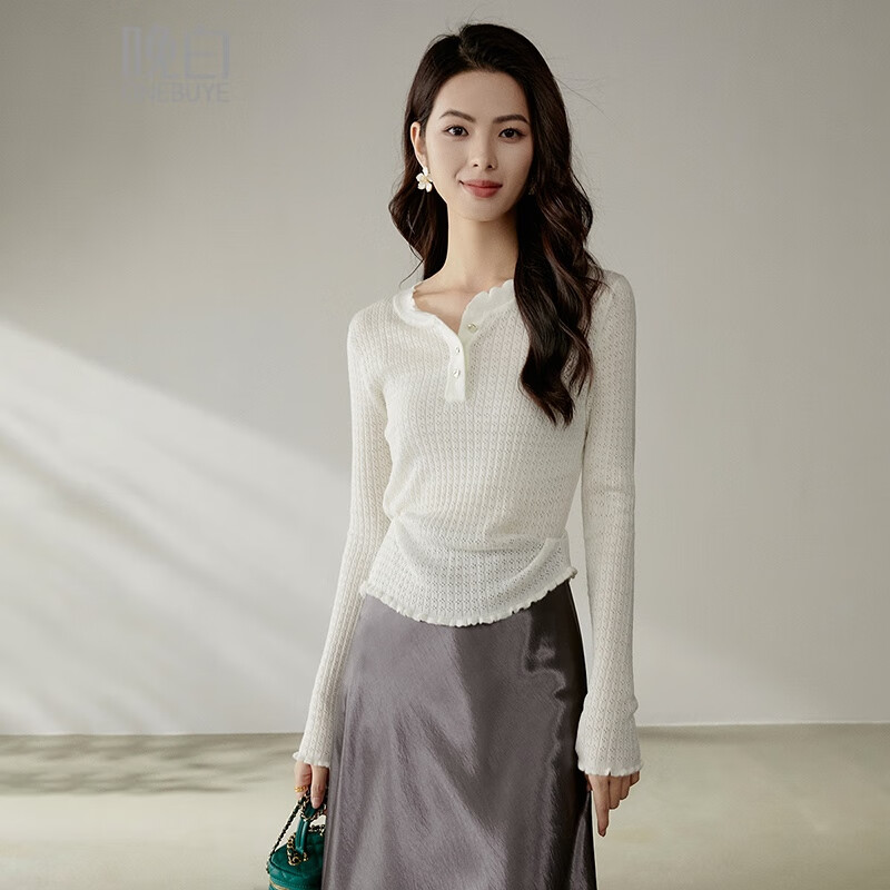晚白【断码清仓】设计感内搭单穿薄款毛衣修身套头针织衫女 米白色 S