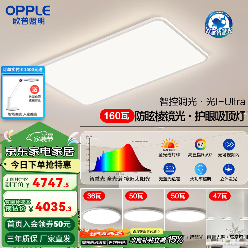 欧普智慧光全光谱LED护眼客厅灯儿童房书房吸顶灯智能灯具TC A6【三室2厅】5灯