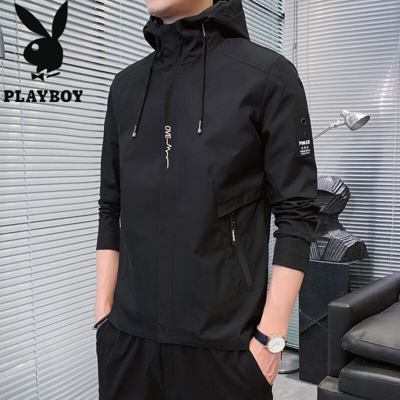 花花公子（PLAYBOY）韩版休闲男款夹克2025春秋新款百搭潮流风衣冬季加绒加厚外套男装 黑色 XL