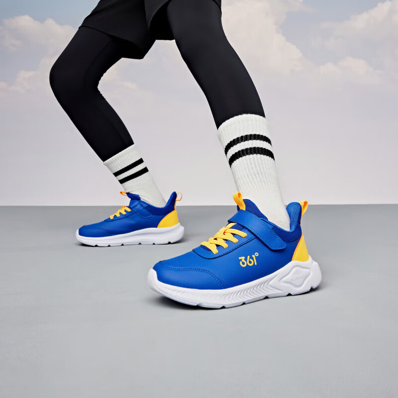 361°儿童运动鞋男童跑鞋秋冬密网轻便魔术贴女童皮革加绒保暖运动鞋 【皮革】科幻蓝色/荧光芒果橙 41