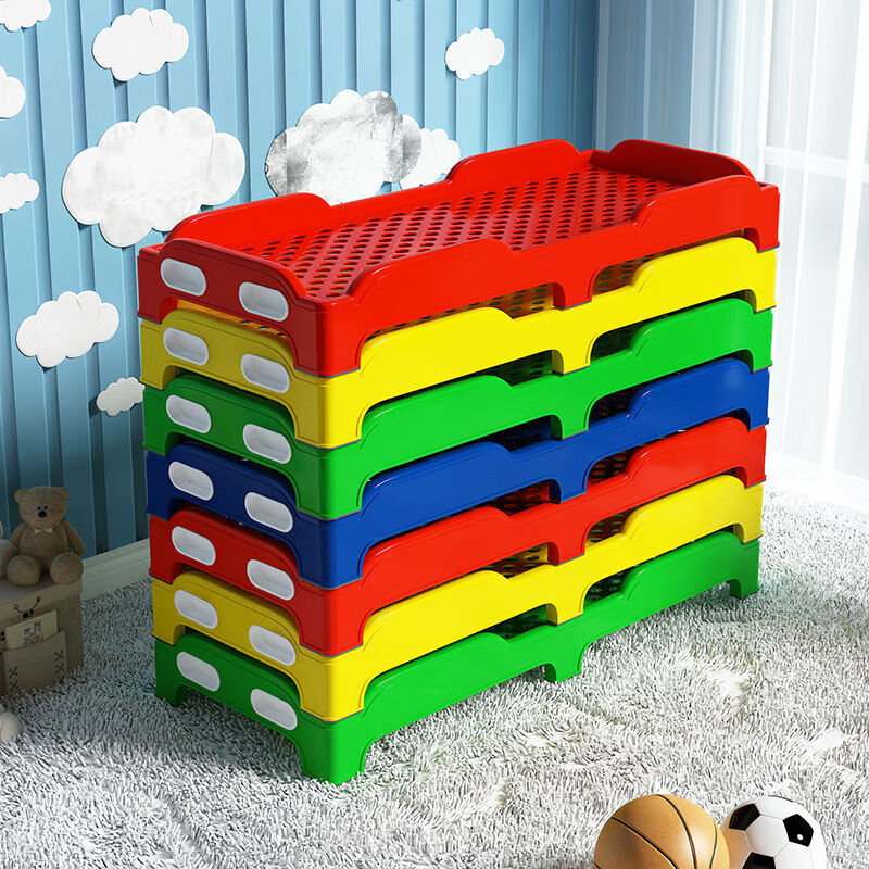 海诗圣堡幼儿园床午睡床塑料床托管班小学生儿童幼儿专用午休叠叠床单人床 红色加厚承重高【138*58*21cm】