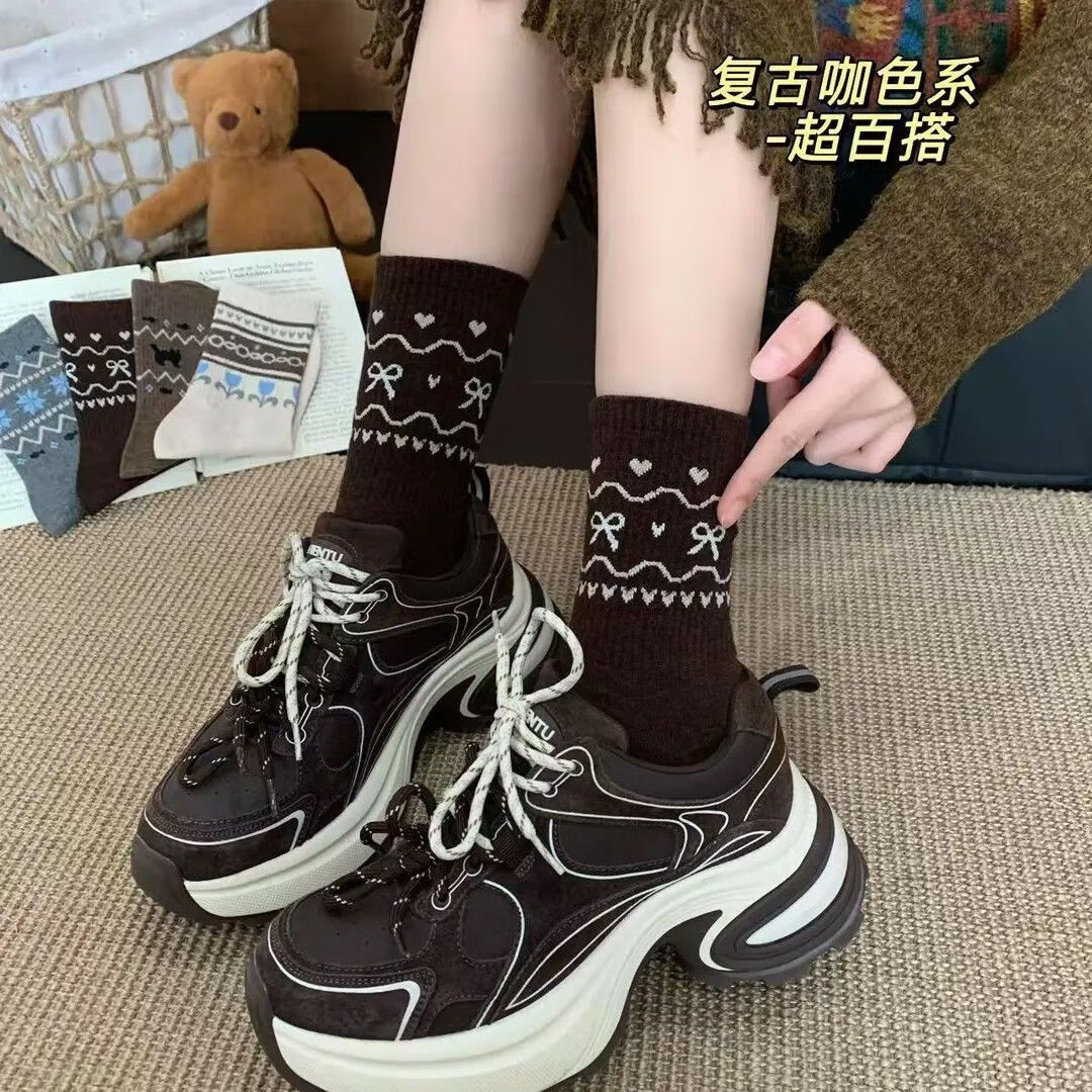 欧蓝薇雅（OULANWEIYA）袜子女中筒袜秋冬款民族风复古提花休闲百搭潮袜学生少女士长筒袜 颜色混搭 8双 均码