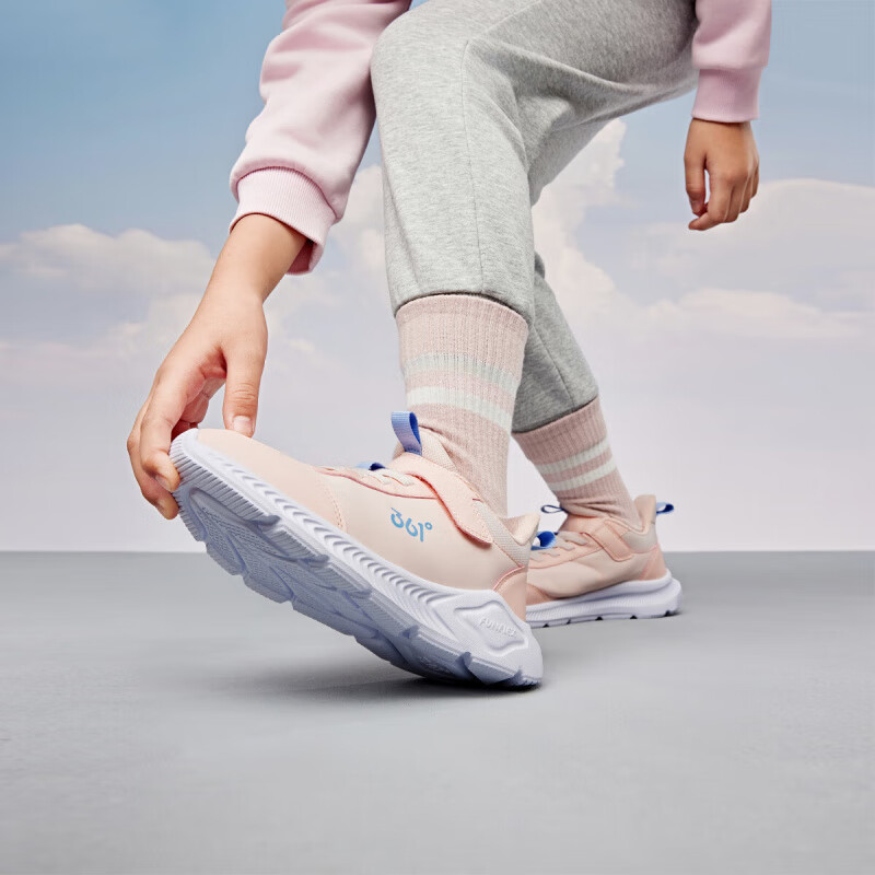 361°儿童运动鞋男童跑鞋秋冬密网轻便魔术贴女童皮革加绒保暖运动鞋 【皮革】玫瑰水粉色/黛粉色 34