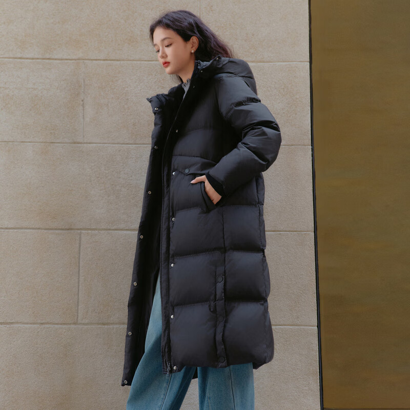 乐町长款面包羽绒服女保暖柔软加厚羽绒御寒外套潮流休闲风 黑色(现货) M