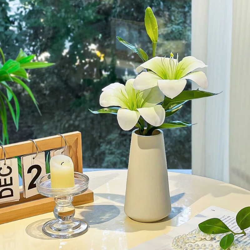 OYKTN保湿手感百合花仿真花陶瓷花瓶客厅摆设餐桌房间装饰桌面假花摆件 谨言陶瓷花瓶+绿色百合