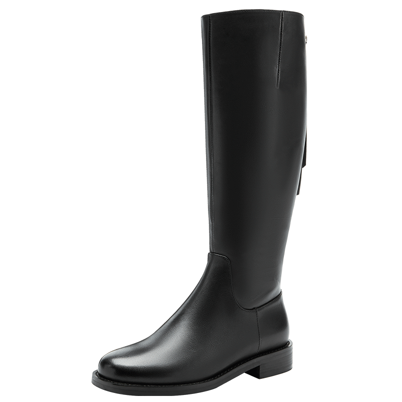NINE WEST/玖熙長筒靴牛皮圓頭低跟高筒騎士靴女皮靴NG512203CZ 黑色 36