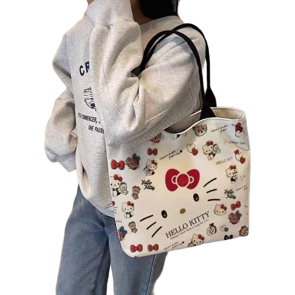 卡通蝴蝶结新款日系极简帆布包单肩上课通勤耐磨手提包 KT大猫须帆布包