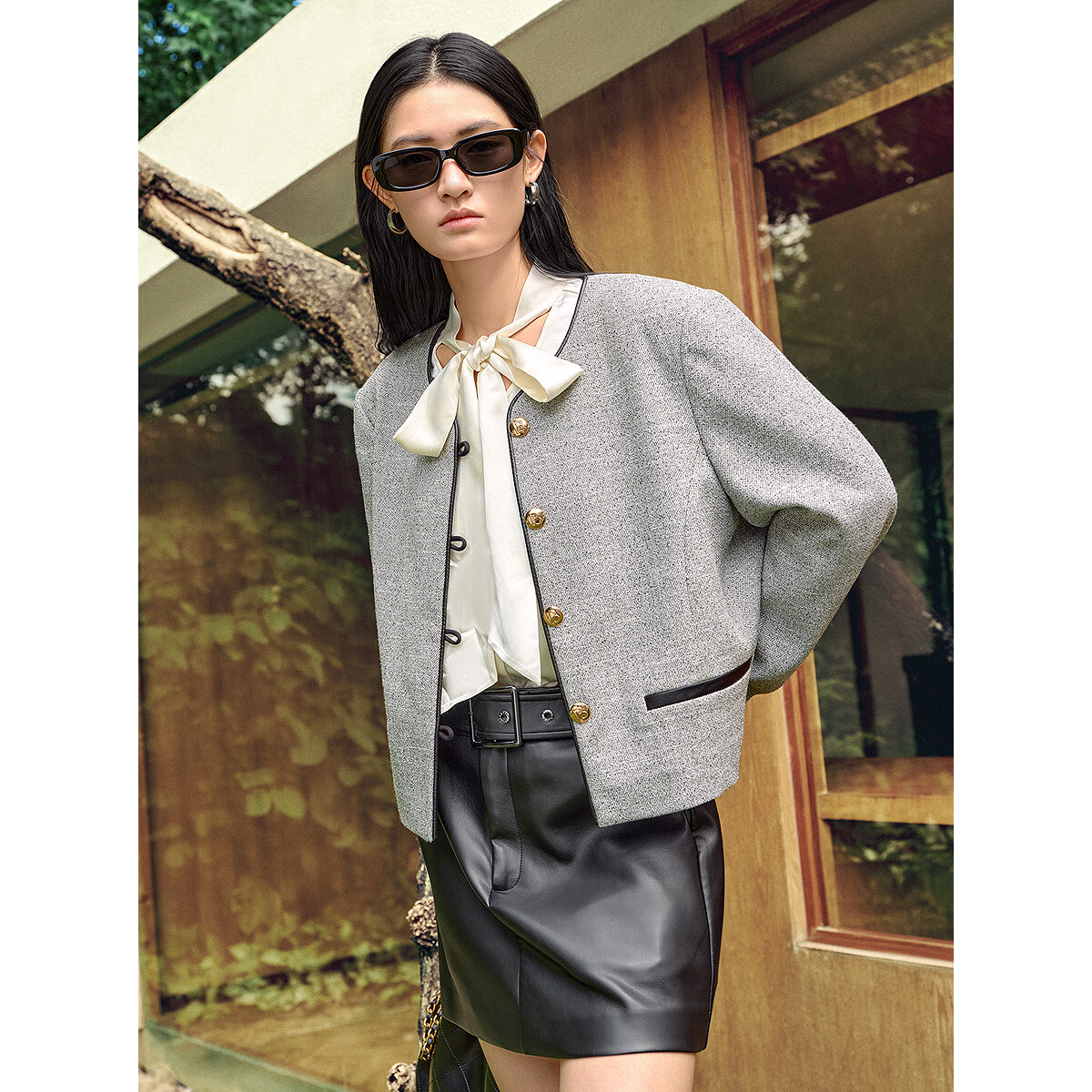 太平鸟秋冬外套集合链接新款女装小香风机车服PU外套冬装夹克 便服小香风野鸽灰 L