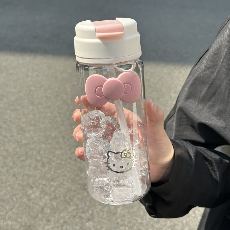 膳魔师(THERMOS)塑料吸管水杯高颜值女生hellokitty夏天刻度杯耐高温学生塑 粉色600ML(赠硅胶蝴蝶结+凯蒂猫贴)