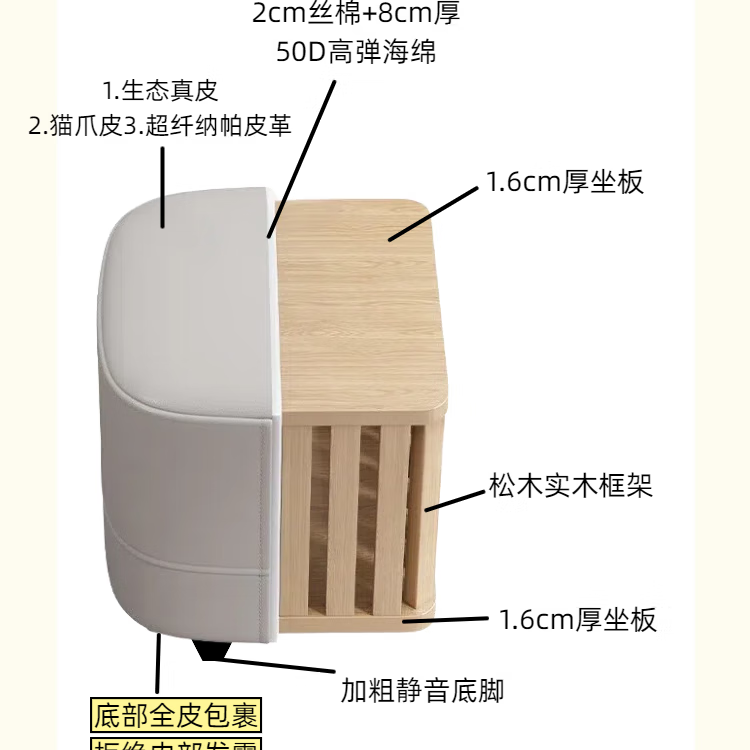 客厅简约沙发凳试衣间衣帽间换鞋凳脚凳皮墩子方凳化妆梳妆凳坐墩 奶杏色30*30*30cm【特小】适合茶几凳 柔软超纤纳帕耐摔皮革+实木框架+填充4cm厚海绵