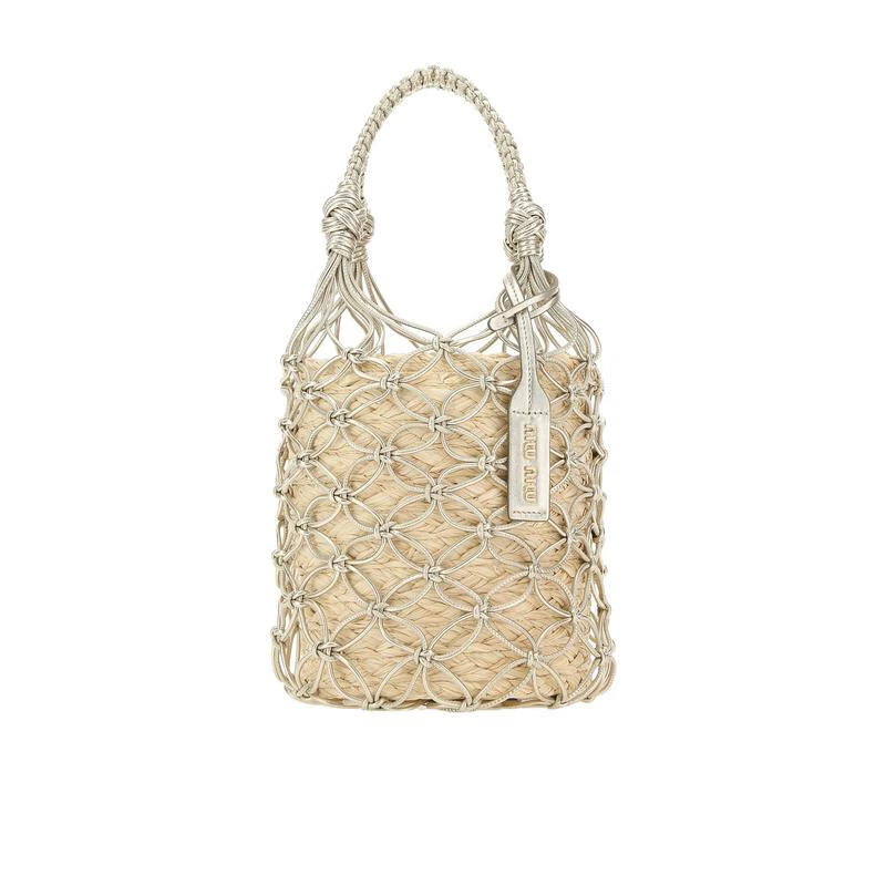 繆繆（MiuMiu）女士編織手提包可拆卸肩帶輕便攜帶鏤空設(shè)計手提包棕褐色 裸色 均碼