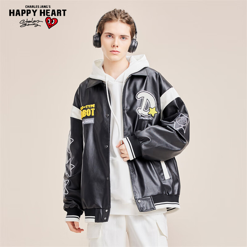 查爾斯桃心 x 哆啦A夢聯(lián)名毛巾繡星星字母撞色卡通翻領(lǐng)休閑夾克棒球服男女 黑色 加厚 S