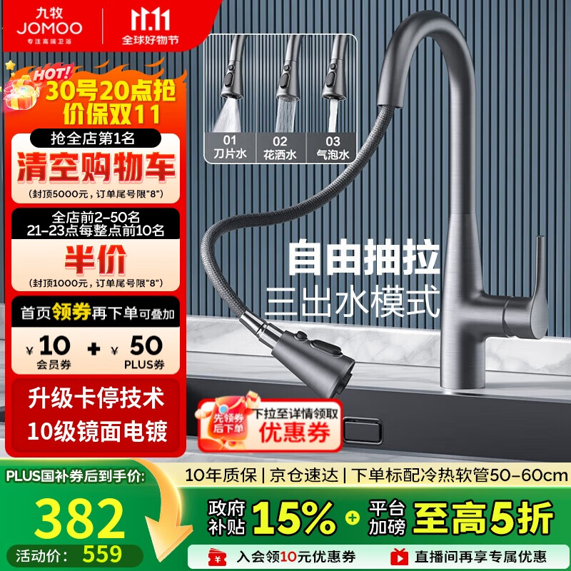 九牧（JOMOO）枪灰色三出水悬停冷热双控抽拉龙头厨房水龙头 33098-385/HBS5-Z