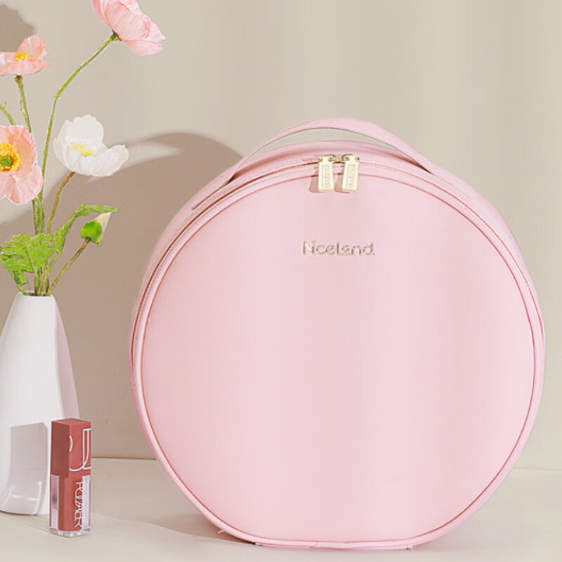 沃有家手提化妆包化妆品分区男士旅行洗潄收纳包女带镜子高级皮革化妆箱 圆形大号灯镜皮革手提化妆包优雅黑