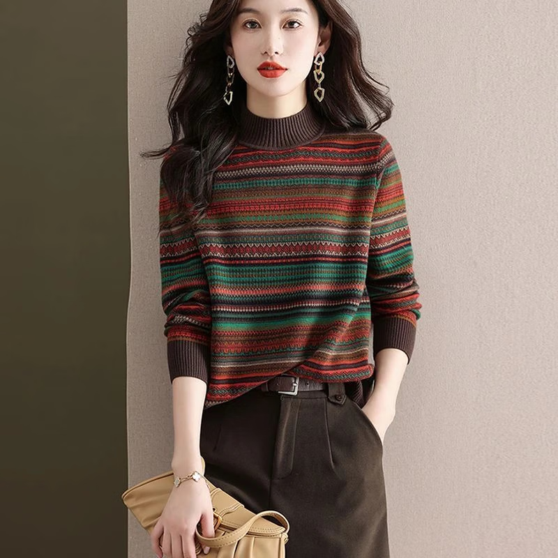 新款鄂尔多斯百搭显瘦气质条纹保暖毛衣宽松打底内搭针织衫时尚女 橘色 M 【建议80-120斤】