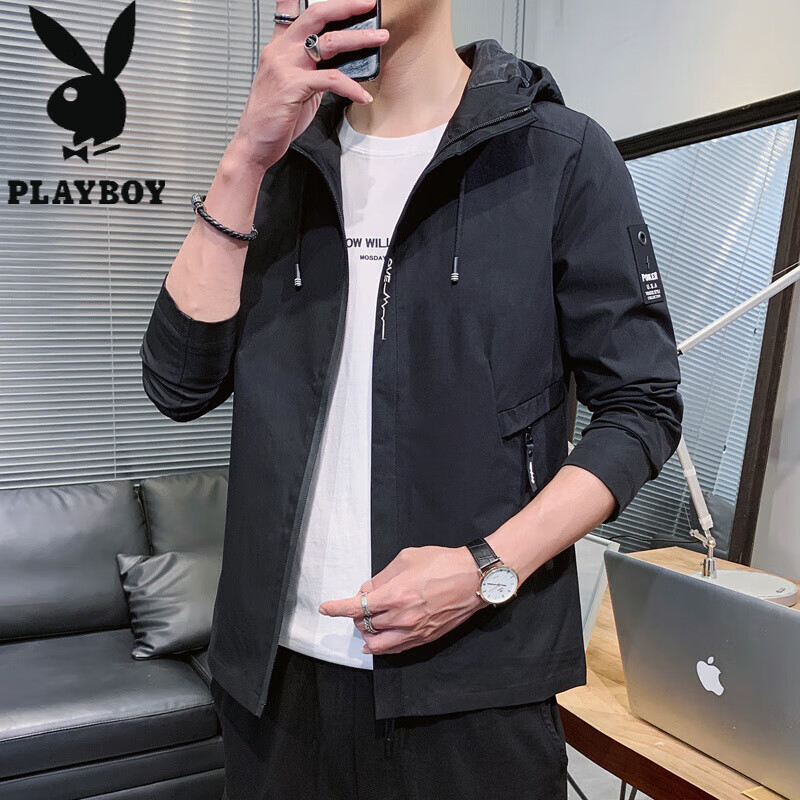 花花公子（PLAYBOY）韩版休闲男款夹克2025春秋新款百搭潮流风衣冬季加绒加厚外套男装 黑色 XL