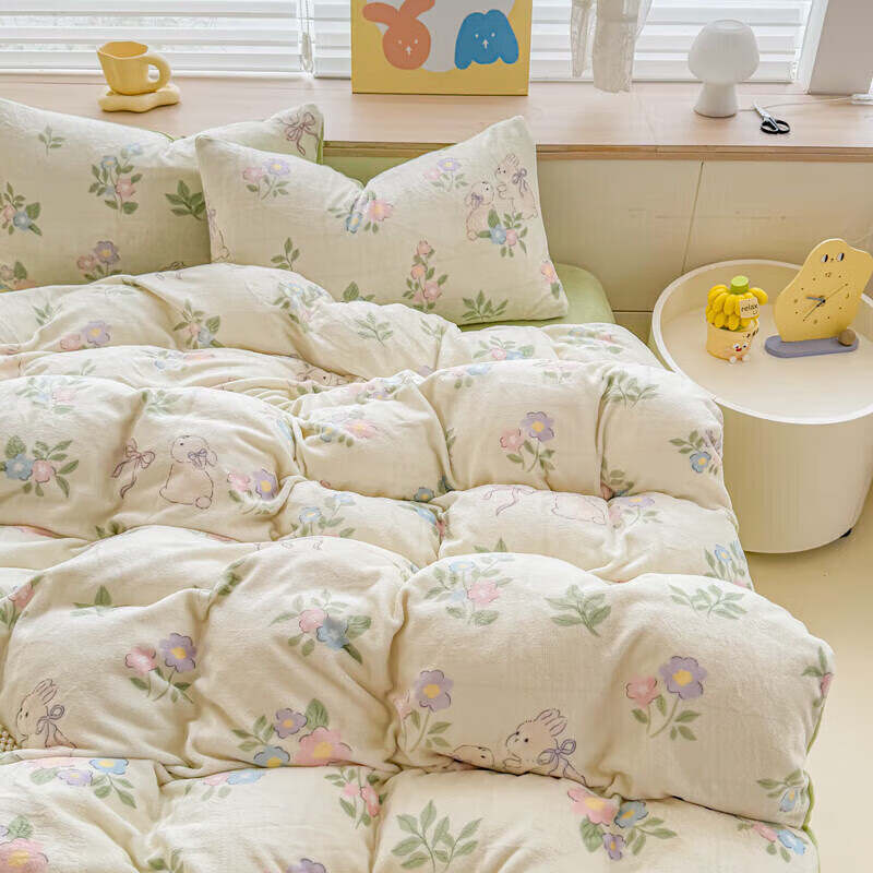 软贝小清新牛奶绒床上四件套保暖毛绒床单被套学生宿舍秋冬款三件套 绿意盎然 床单款 2.0m  被套200*230cm 四件套