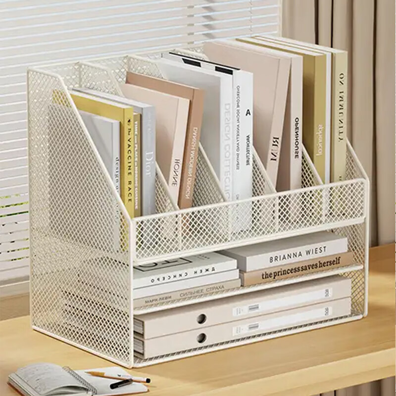 尔思家桌面小书架桌上小型免安装简易铁书柜多层书立办公桌文件夹置物架 白色