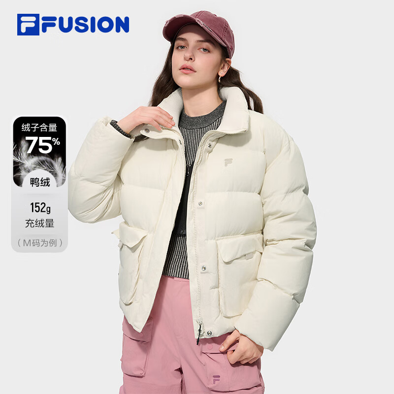 FILA FUSION斐乐潮牌羽绒服女休闲宽松保暖立领外套 芷靡白-IV M 165/84A/M