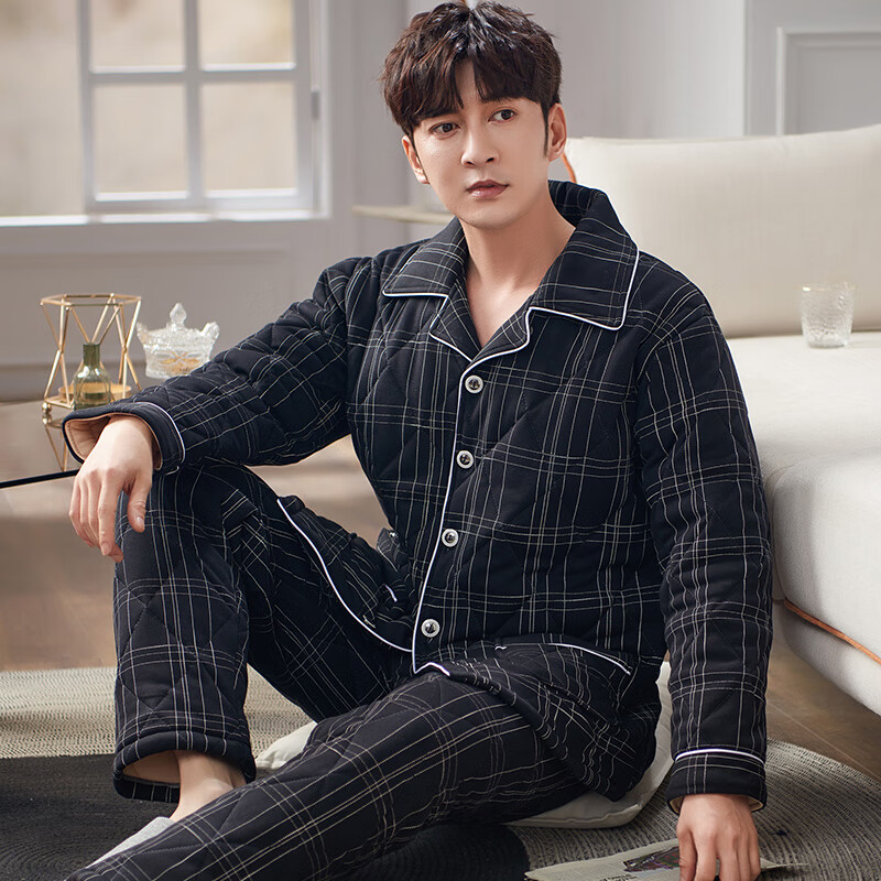 chunnian男士睡衣秋冬季珊瑚绒三层加厚夹棉中长款超厚爸爸保暖加绒家居服 8096 XL