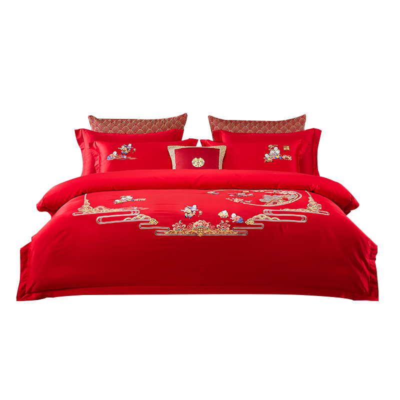博洋結(jié)婚四件套純棉新婚紅色100支長絨棉刺繡百子婚慶套件1.8米