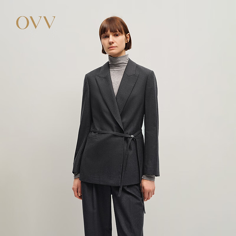 OVV2025秋冬新款女装经典微收腰随附腰带羊毛休闲西服 深空灰 M