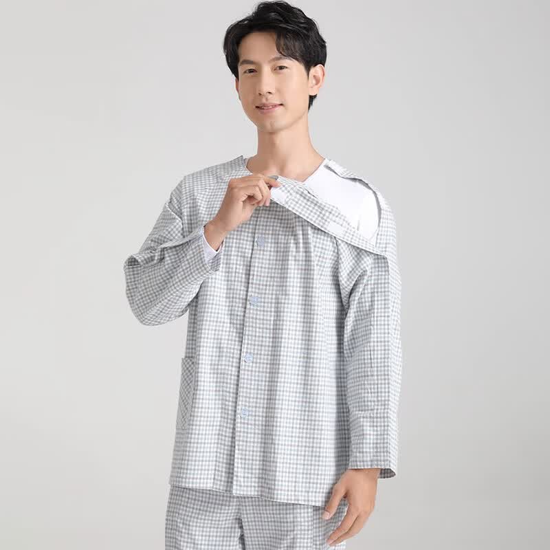 大雅康元病号服易穿脱护理服睡衣纯棉病号服骨折衣服护理裤子picc输液置管 四季款-灰蓝格上衣【魔术贴款】 XL