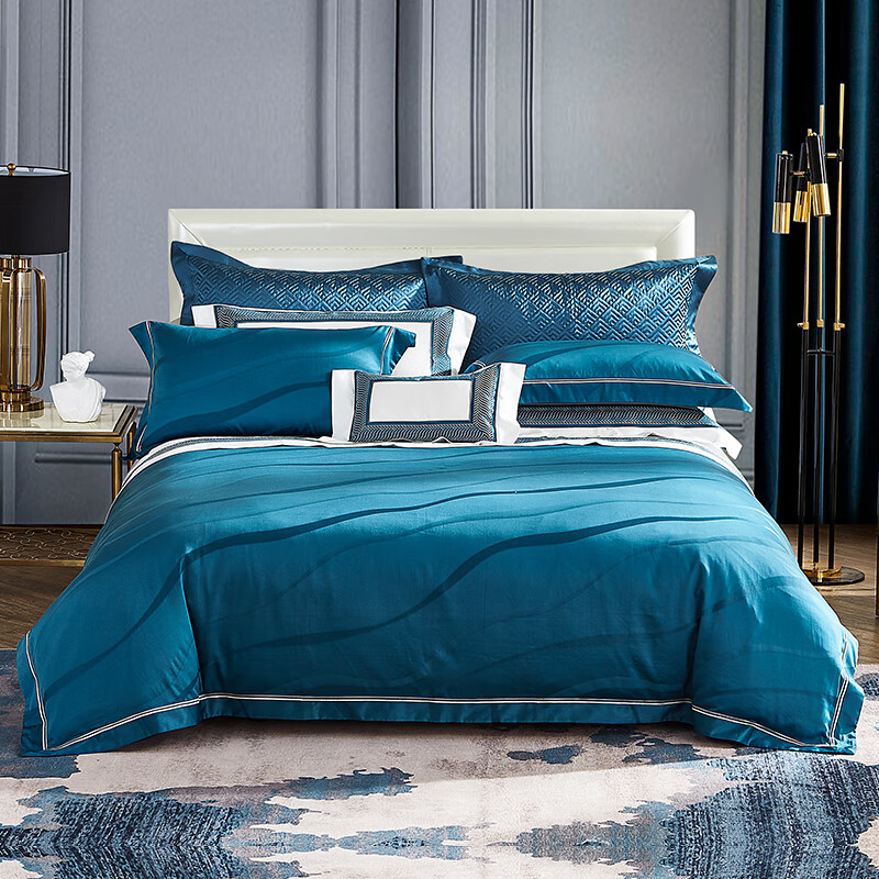 黛富妮100支匹马棉提花四件套纯棉长绒棉混纺高端宽边被套床上用品套件 匹马棉提花- 涟漪 1.8m四件套 床单款 （被套220*240cm）