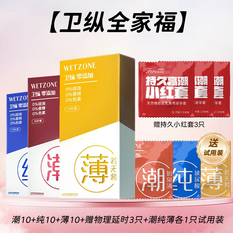 菲罗尼亚卫纵避孕套003高纯度玻尿酸超薄女性私处护理活力装紧润安全套 纯+潮如泉涌+薄无套各10只+小红套3只+试用装
