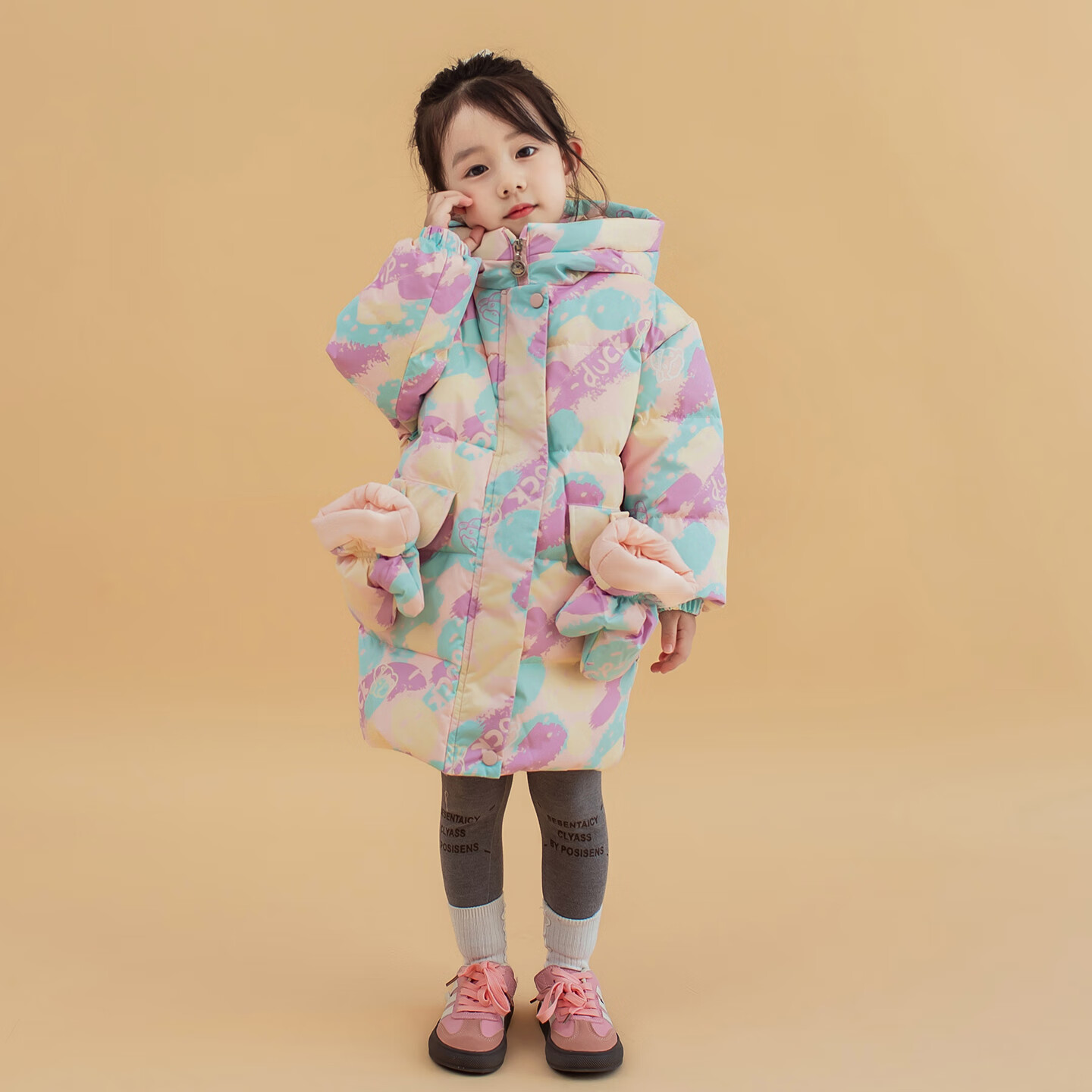 G.DUCK HELLO女童羽绒服中长款保暖外套冬季儿童加厚连帽冬装中小童印花童装 紫色 120 （建议身高110-120cm） 京东折扣/优惠券