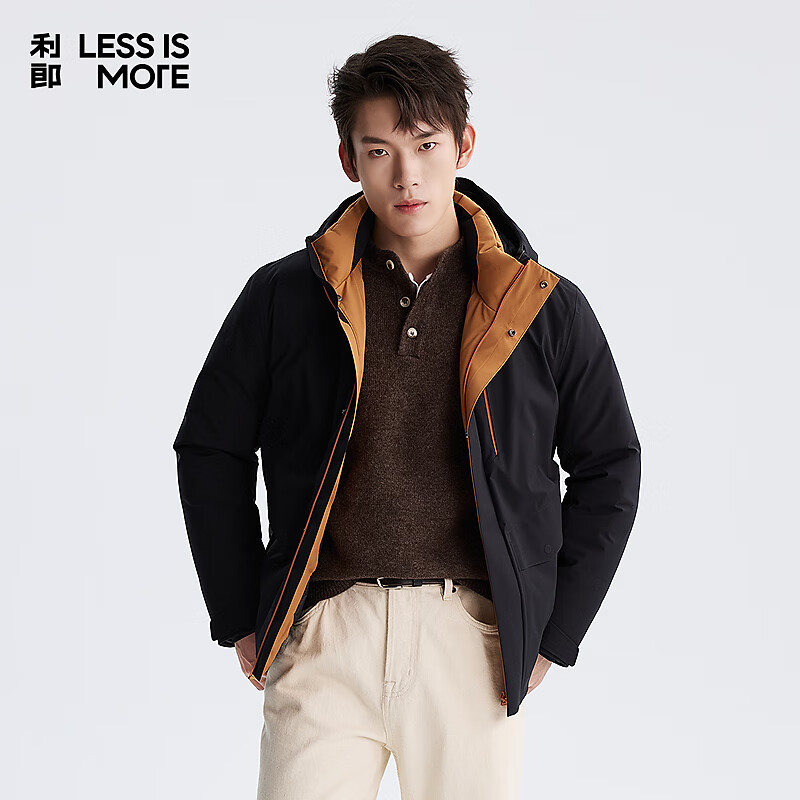 利郎轻时尚男装【撞色门襟】羽绒服男连帽双门襟防风保暖通勤外套 黑色（1H） XL (175)