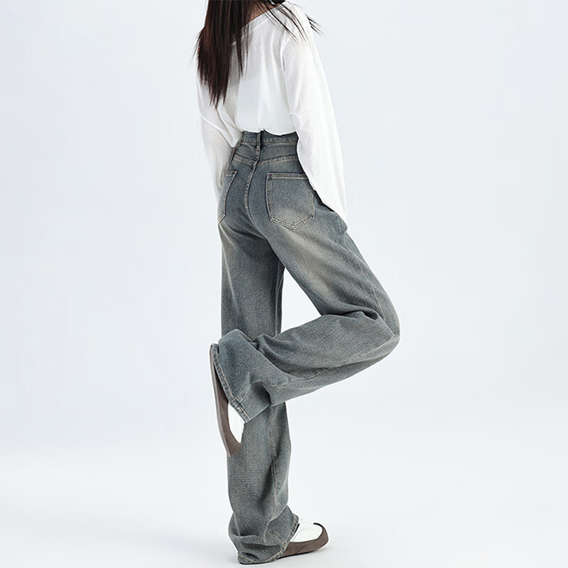 浪莎直筒牛仔裤女新款高腰小个子星空纹高端复古窄版宽松阔腿裤 复古蓝 【星空纹路,细腻触感】 L 【建议体重106-116斤】