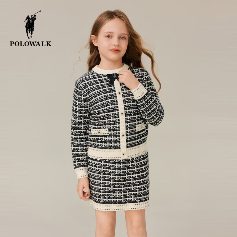 POLOWALK童装女童长袖套装秋冬新款2025小香风两件套外套短裙 黑色 160 cm