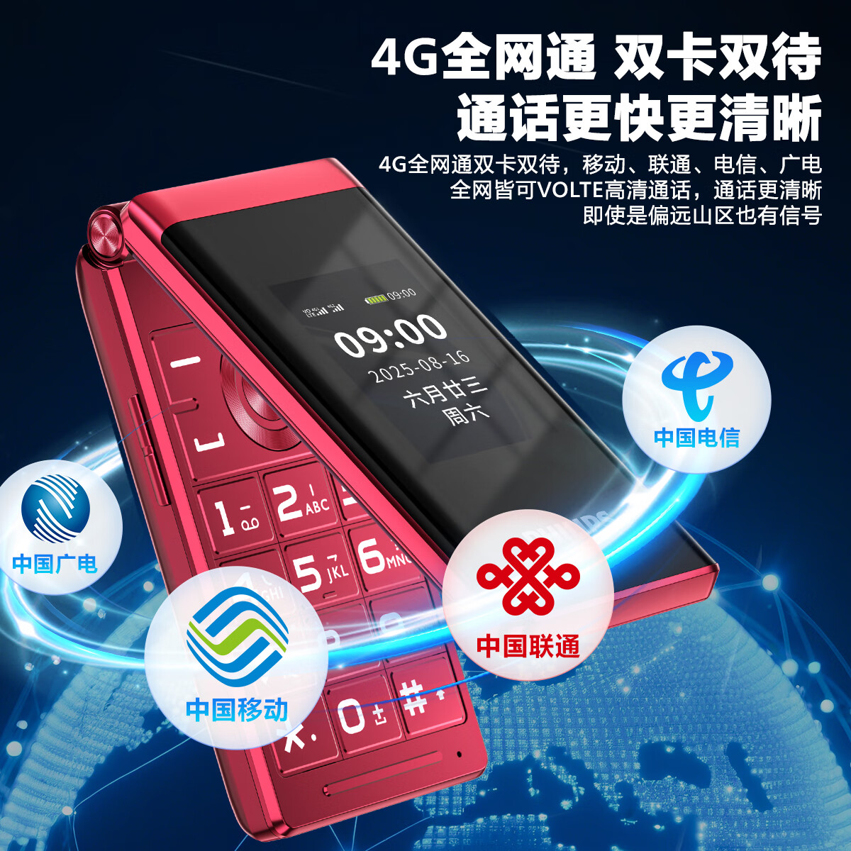 飞利浦（PHILIPS）老年机4G全网通翻盖老年手机超长待机大屏大字体按键大声音学生老人专用手机功能 E6515Plus海棠红