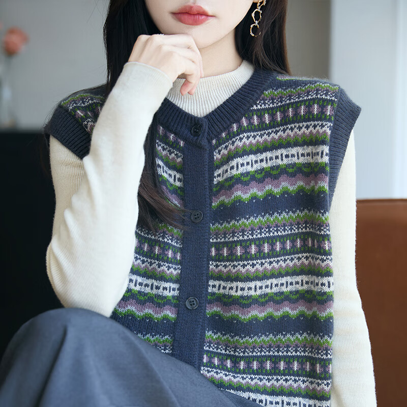 香影纯复古纯色圆领减龄针织背心马甲女外搭新款秋冬毛衣坎肩上衣马夹女 图片色 3XL (建议135-150斤)