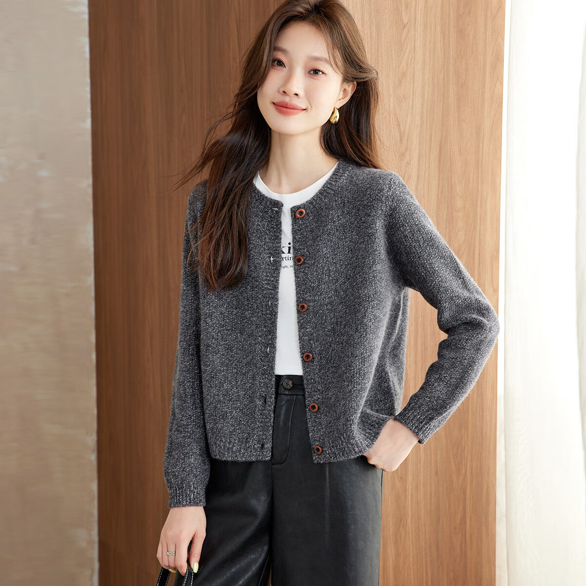 奢汐（Srcr）100%绵羊毛短款简约针织开衫女外搭秋冬厚款软糯毛衣外套