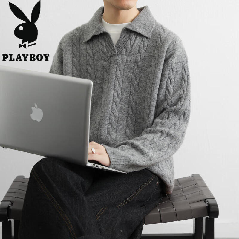 花花公子（PLAYBOY）美式复古慵懒麻花纹理假两件翻领套头毛衣男宽松拼接针织衫外套潮 黑色 M