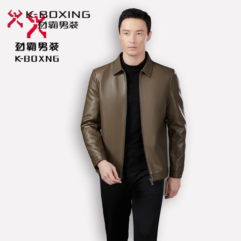 勁霸男裝（K-Boxing）男裝皮衣夾克秋冬款男士商務(wù)休閑中年爸爸裝立領(lǐng)茄克外套 卡其-【翻領(lǐng)-冬款】 8033 加絨 4XL 195