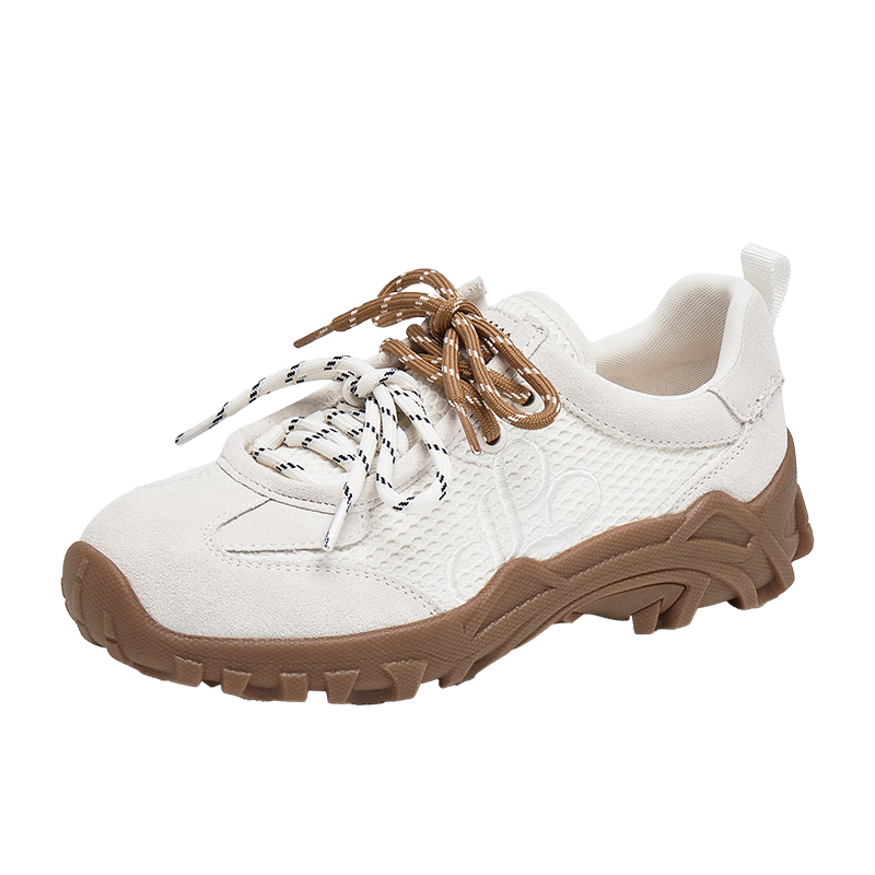 真美詩(shī)（Joy&peace）董潔同款袋鼠跳跳秋季新款加絨厚底撞色雙鞋帶休閑鞋運動(dòng)袋鼠鞋女 米色-網(wǎng)面款 39